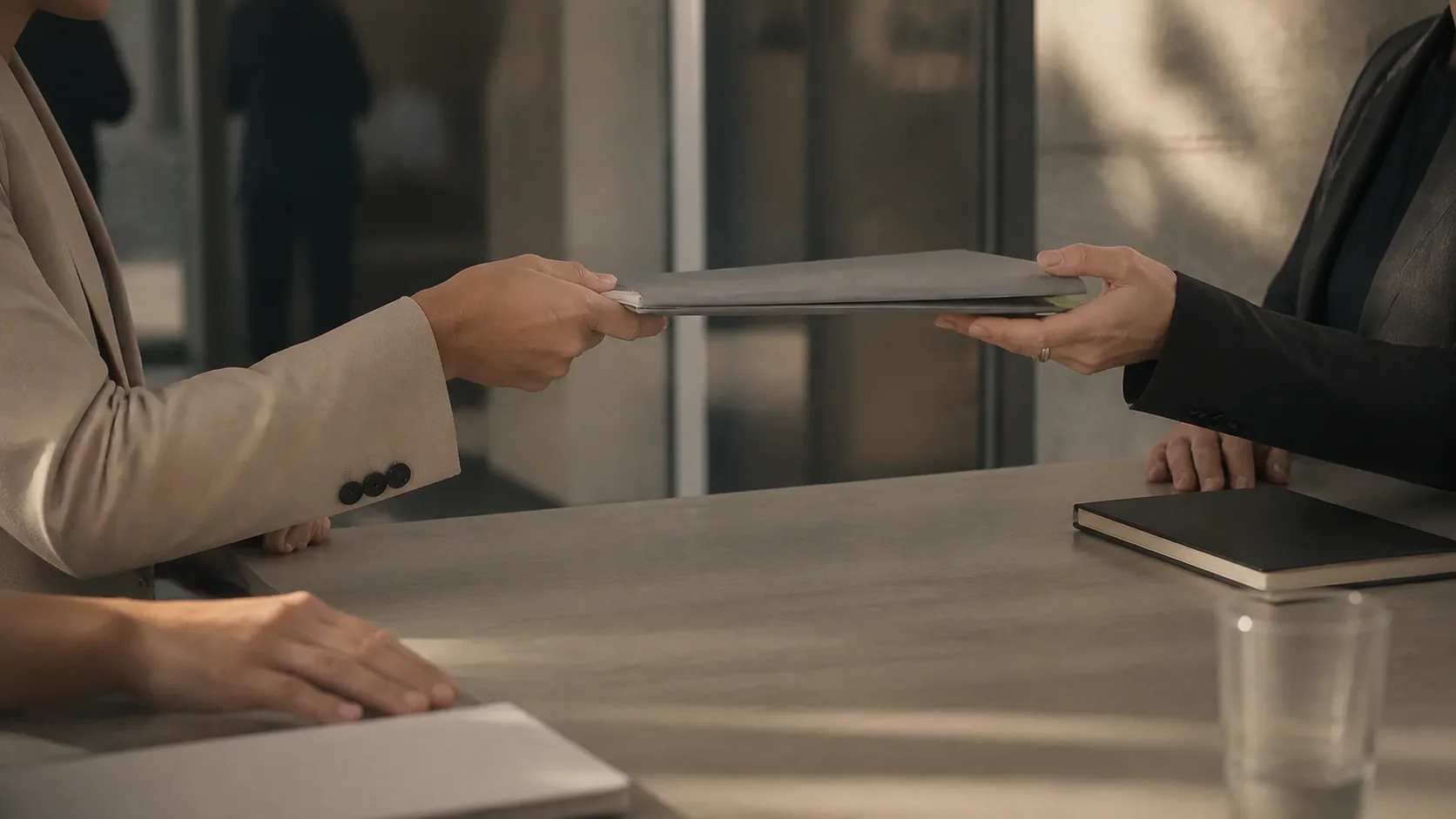 A careful document handover between business partners